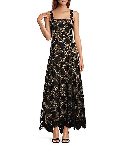 Antonio Melani Jenneth Schiffli Lace Sheer Illusion Square Neck Sleeveless Strap A-Line Gown