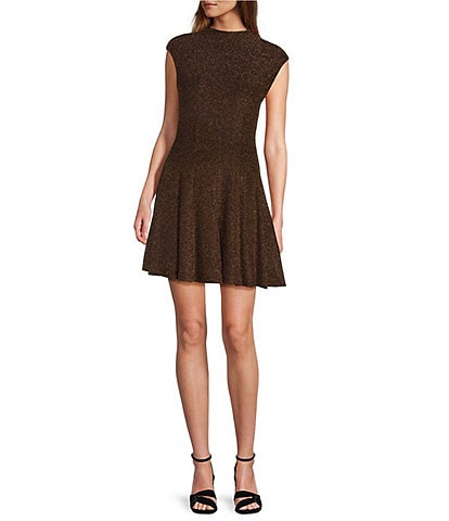 Antonio Melani JoJo Metallic Crepe Knit Mock Neck Cap Sleeve Fit and Flare Flounce Mini Dress