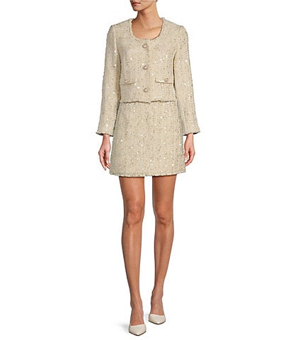 Antonio Melani London Tweed Long Sleeve Round Neck Cropped Jacket & Paris Tweed A-Line Coordinating Mini Skirt