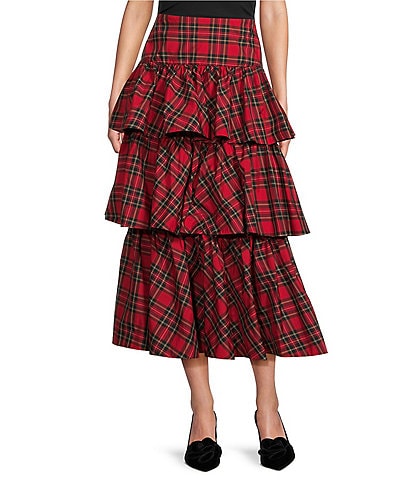 Antonio Melani Maia Plaid High Rise Tiered A-Line Midi Skirt