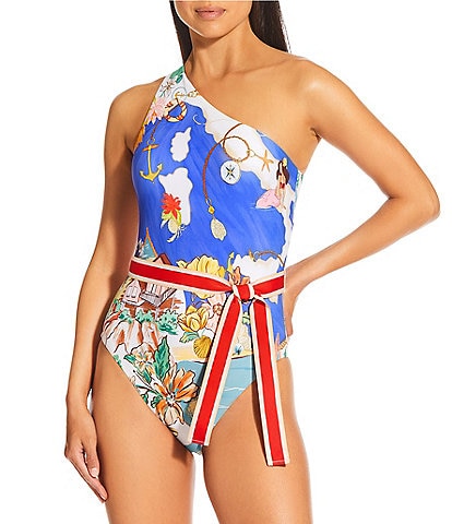 Antonio Melani Map Ribbon Belt Cut Out One Shoulder One Piece Swimsuit