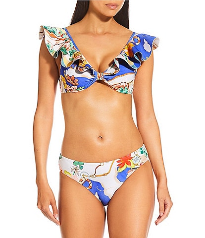 Antonio Melani Map V-Neck Bonded Ruffle Bralette Swim Top & Classic Hipster Swim Bottom
