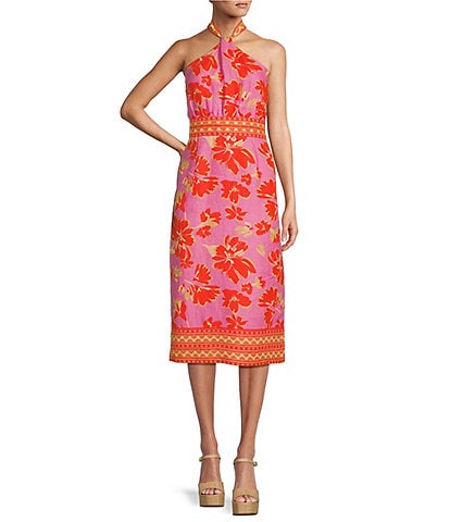 Antonio Melani Naomi Floral Printed Linen Halter Sleeveless A-Line Midi Dress