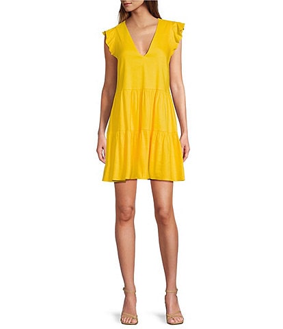 Antonio Melani Opal Linen V-Neckline Cap Sleeve Tiered A-Line Dress