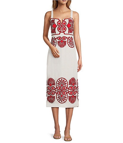 Antonio Melani Penelope Linen Blend Scroll Print Sweetheart Neck Sleeveless Dress