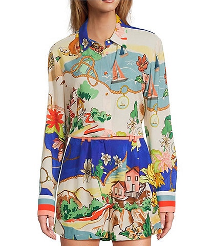 Antonio Melani Polina Ocean Print Button Front Collar Long Sleeve Coordinating Blouse