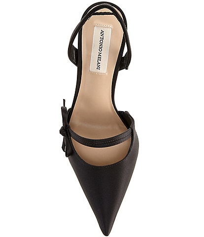 black satin dress pumps Black satin slingback pump with pointed toe, stiletto heel and crystal buckle detail. 10 / Black