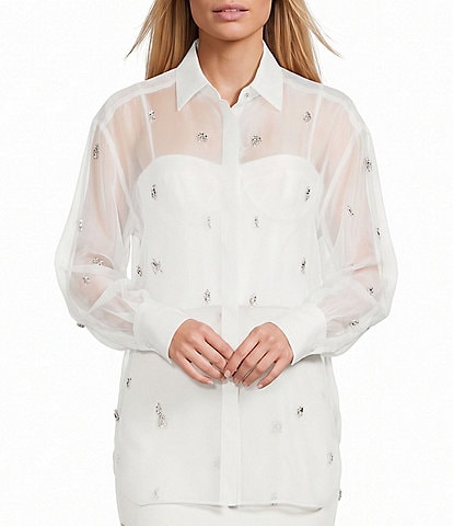 Antonio Melani Priscilla Organza Sheer Jewel Embellished Point Collar Long Sleeve Button Front Coordinating Blouse