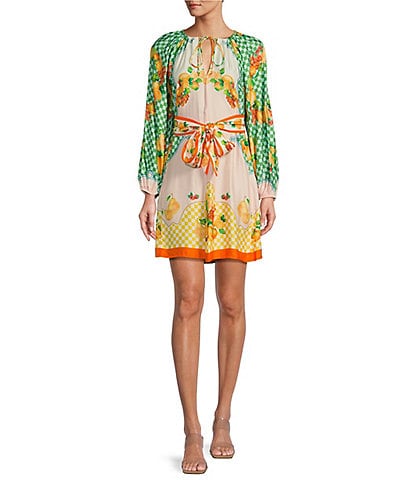 Antonio Melani Raffaella Fruit Printed Satin Tie Neck Long Sleeve Dress