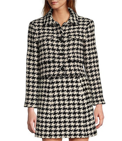 Antonio Melani Rita Wool Blend Houndstooth Notch Collar Long Sleeve Embellished Button Front Cropped Jacket