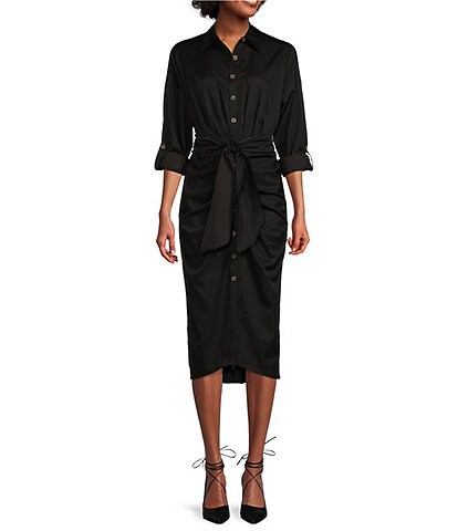 Antonio Melani Roxanne Button Down Collar Tie Waist 3/4 Roll-Tab Sleeve Midi Shirt Dress