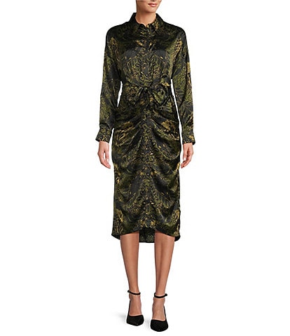 Antonio Melani Roxanne Satin Motif Print Point Collar Long Sleeve Button Front Belted Ruched Waist Midi Shirt Dress