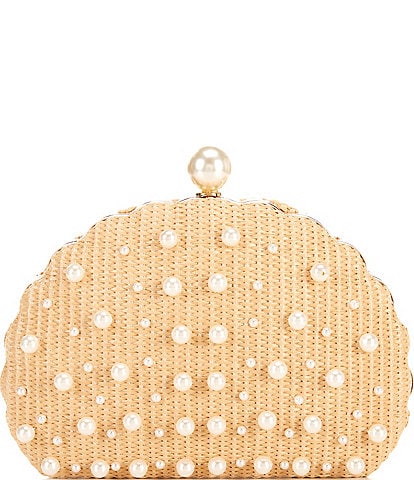 Antonio Melani Shell Shape Pearl Embellished Straw Minaudiere Clutch