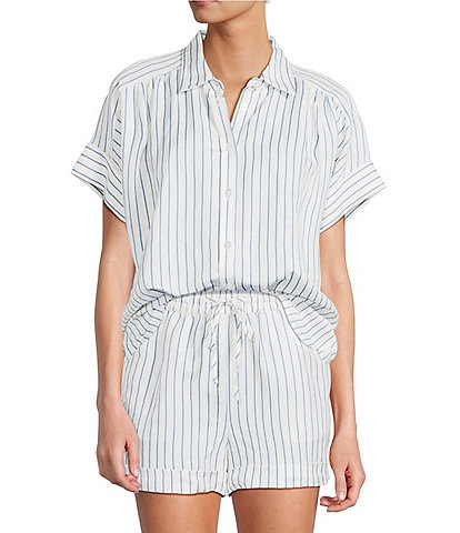 Antonio Melani Shyla Linen Blend Stripe Print Collared Button Down Coordinating Blouse