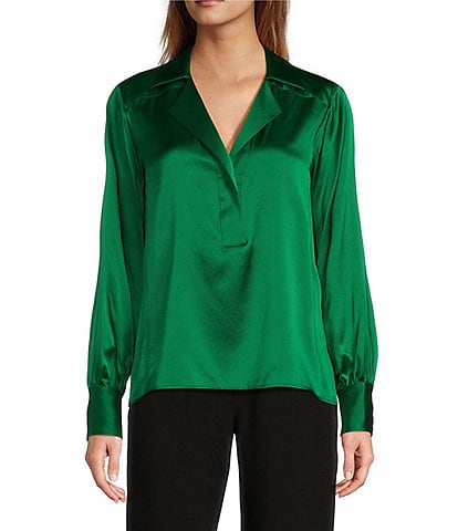 Antonio Melani Violet Silk Notch Collar V-Neck Long Blouson Sleeve Blouse