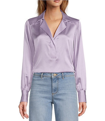 Antonio Melani Violet Silk Notch Collar V-Neck Long Blouson Sleeve Blouse