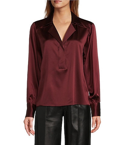 Antonio Melani Violet Silk Notch Collar V-Neck Long Blouson Sleeve Blouse