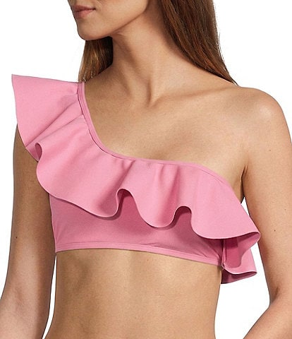  Solid Bonded One Shoulder Ruffle Swim Top