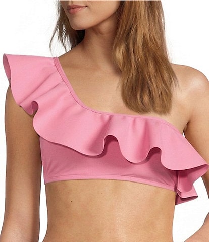  Solid Bonded One Shoulder Ruffle Swim Top