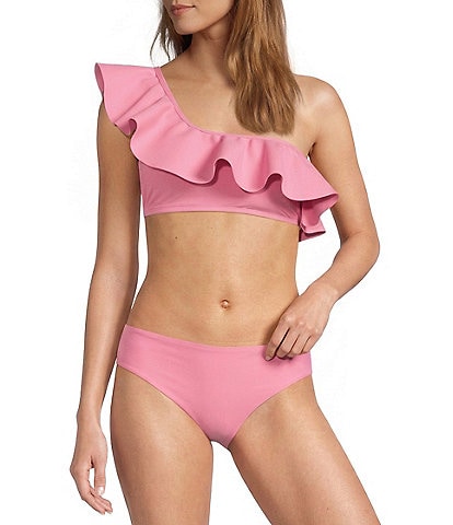 Antonio Melani Solid Bonded One Shoulder Ruffle Swim Top & Solid Mid Waist Swim Bottom