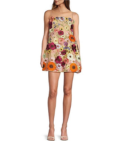 Antonio Melani Sunny Multi Floral Applique Embroidered Sleeveless Spaghetti Strap Fit and Flare Mini Dress