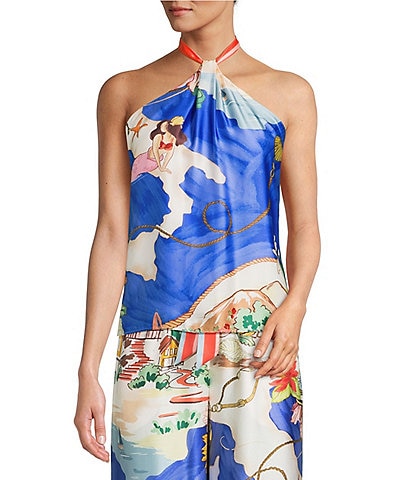 Antonio Melani Tara Ocean Print Satin Halter Neck Coordinating Blouse