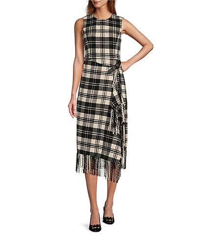 Antonio Melani Tula Plaid Print Crew Neck Sleeveless Belted Wrap Front Fringe Hem Midi Sheath Dress