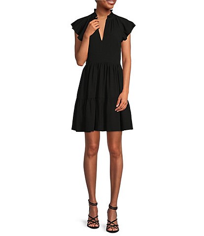 Antonio Melani Vanya Ruffle V-Neck Zip Side A-Line Mini Dress