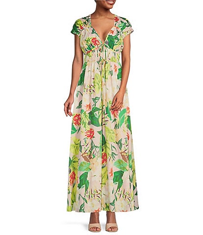Antonio Melani Vitoria Palm Floral Print Plunge V-Neck Cap Sleeve Maxi Dress