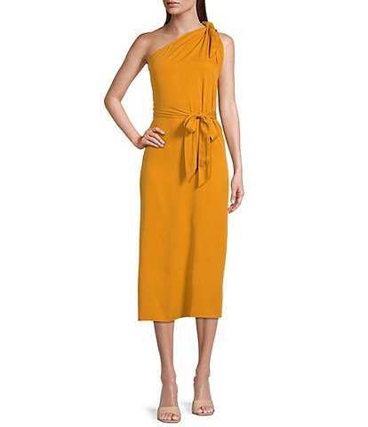Antonio Melani Weylyn Sleeveless Asymmetrical Neck Bow Shoulder Tie Waist Midi Dress