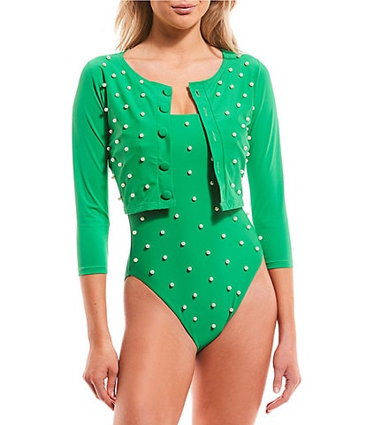 Antonio Melani x Jennifer Sumko Coordinating Solid Pearl Embellished Cropped Button Front Swim Cardigan