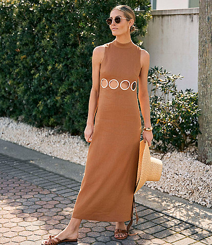 Antonio Melani x M.G. Style Jen Mock Neck Linen Blend Circle Cut Out Maxi Dress