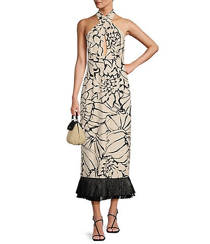 Antonio Melani x M.G. Style Sommers Halter Linen Blend Shell Print Fringe Detail Dress