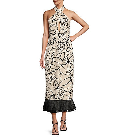 Antonio Melani x M.G. Style Sommers Halter Linen Blend Shell Print Fringe Detail Dress