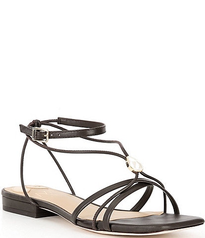 Antonio Melani x M.G. Style Sonny II Leather Pearl Ornamented Ankle Strap Flat Sandals