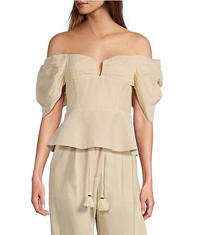 Antonio Melani x Style by Simkins Coordinating Lynn Linen Blend Off the Shoulder Short Sleeve Top