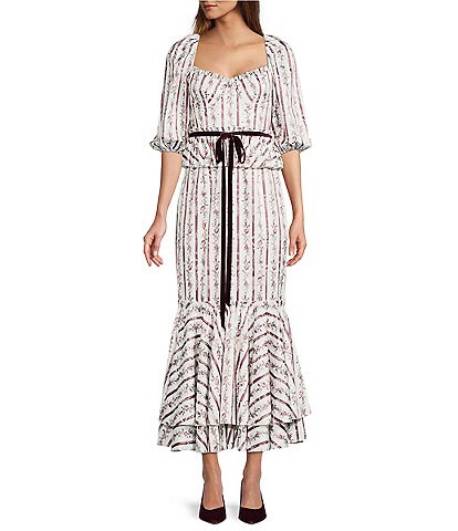 Antonio Melani x Nicola Bathie Florence Floral Print Sweetheart Square Neck Short Puff Sleeve Velvet Ribbon Belted Midi Dress