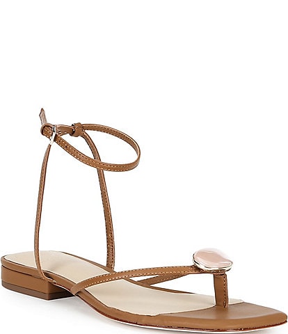 Antonio Melani x Stephanie Covington Erika Leather Ankle Strap Ornamented Thong Flat Sandals