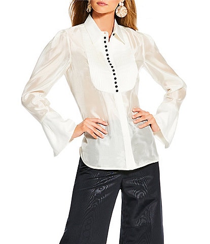 Antonio Melani x The Nat Note Polly Organza Twill Button Front Long Sleeve Blouse
