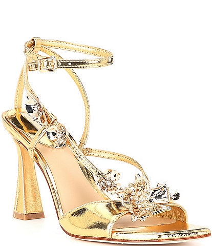 Antonio Melani Zoee Metallic Leather Flower Embellished Ankle Strap Dress Sandals