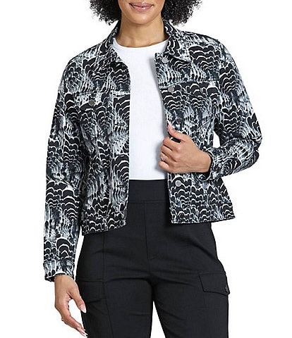 APNY Denim Monochromatic Abstract Print Point Collar Long Sleeve Crop Length Jacket
