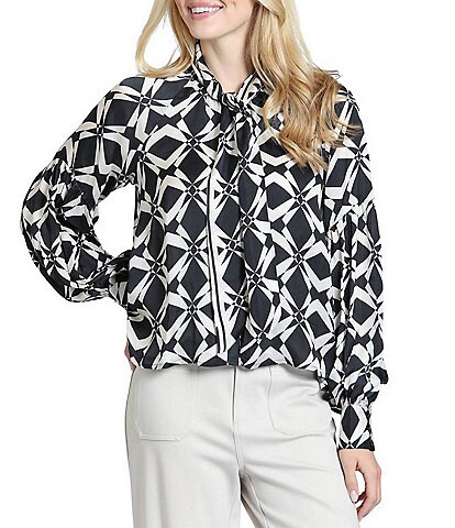 APNY Lightweight Woven Geometric Print Mock Neck Long Sleeve Pullover Tie Front Blouse