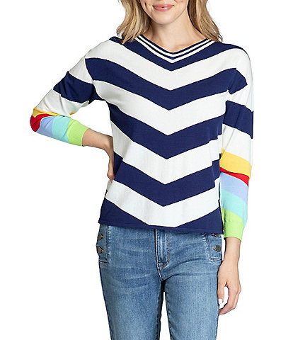 APNY Chevron V-Neck Long Sleeve Rainbow Cuff Top