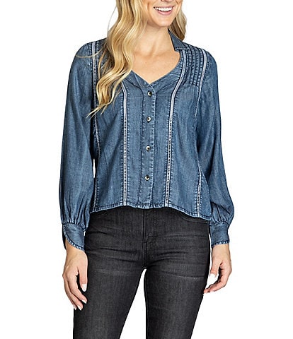 APNY Collared Neck Long Sleeve Button Front Top