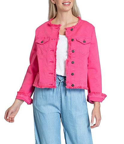 APNY Collarless Frayed Long Sleeve Jean Jacket