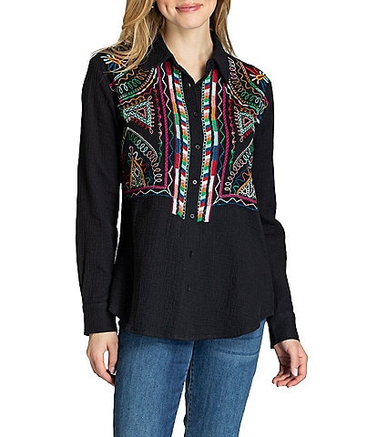 APNY Color Block Embroidered Collared Neck Long Sleeve Blouse