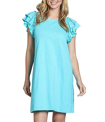 APNY Crew Neck Short Sleeve Double Ruffle Shift Dress