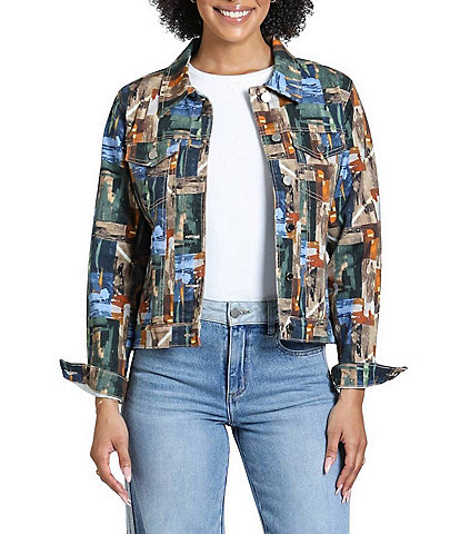 APNY Denim Abstract Multicolor Patchwork Print Point Collar Long Sleeve Trucker Jacket