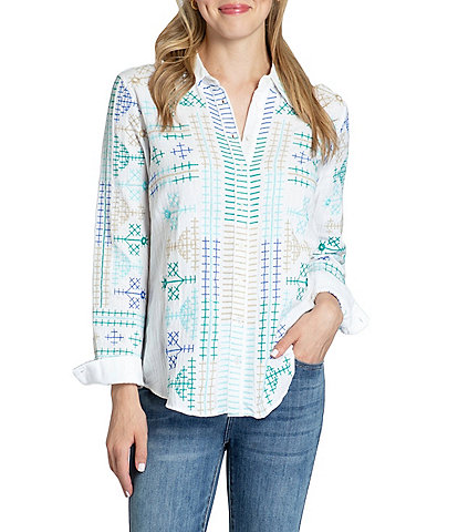 APNY Embroidered Collared Neck Long Sleeve Blouse