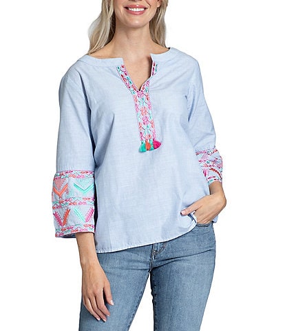 APNY Embroidered Split V-Neck 3/4 Sleeve Tassel Top